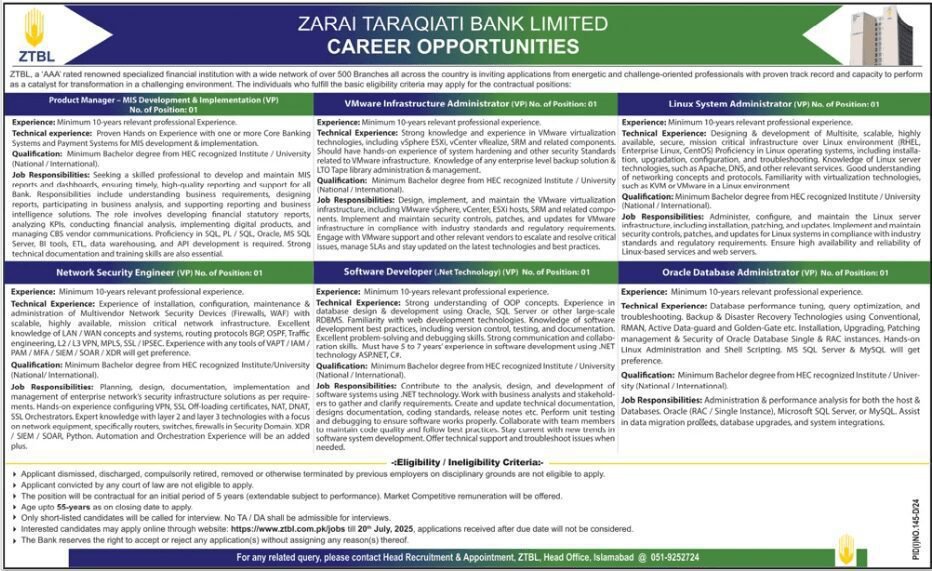 Opportunities at Zarai Taraqiati Bank Karachi