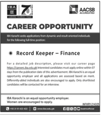 Institute of Business Administration IBA Record Keeper Karachi Jobs