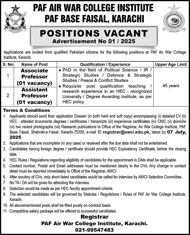 PAF Air War College Institute Faculty Jobs