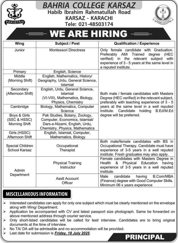 Bahria College Karsaz Job Positions in Karachi