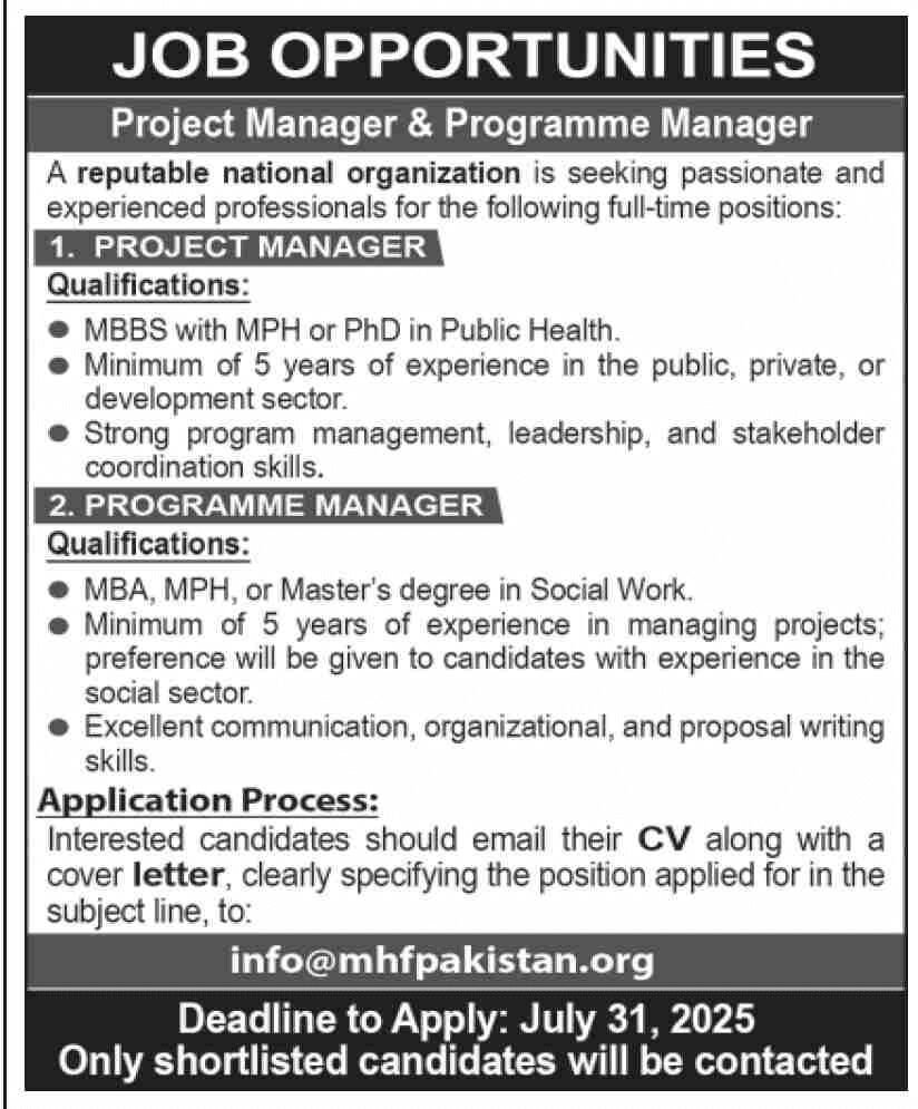 Project and Programme Manager Jobs in Sindh
