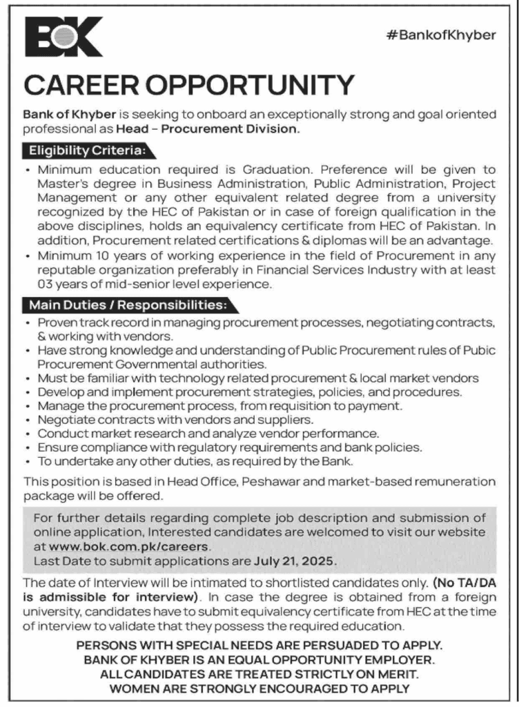 Bank of Khyber BOK Jobs in Sindh