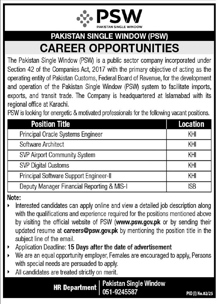 Pakistan Single Window PSW Career Opportunities