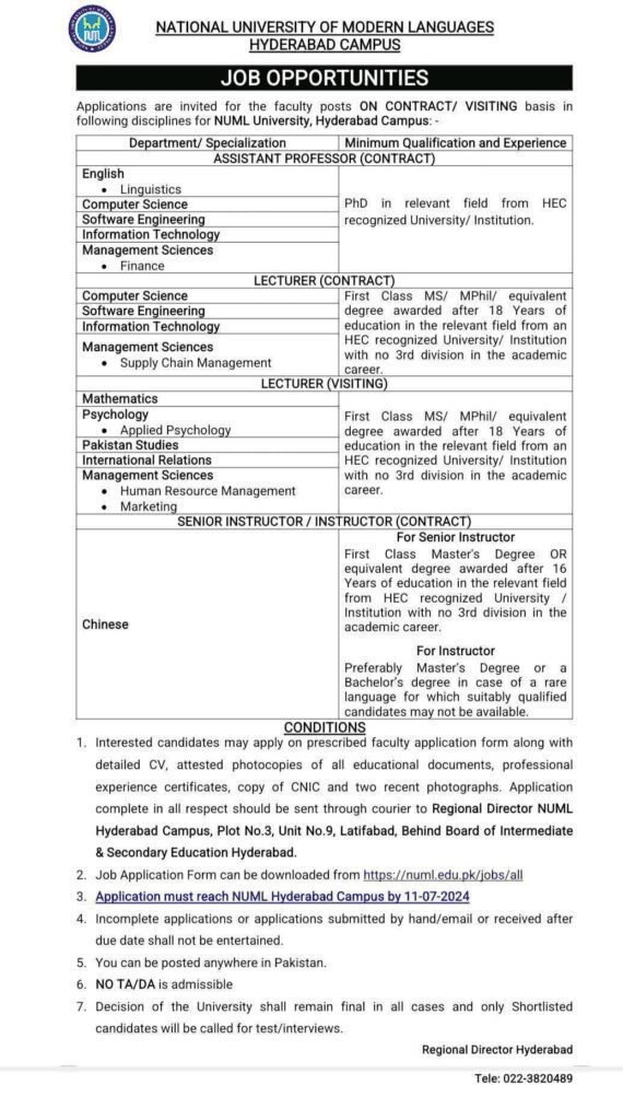 NUML Hyderabad Campus Faculty Job Positions
