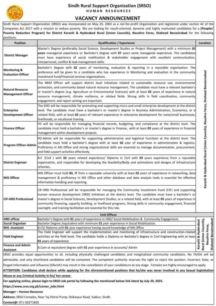 SRSO Sindh Rural Support Organization NGO Jobs