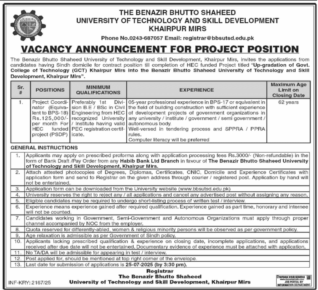 Benazir Bhutto Shaheed University BBSUTSD Khairpur Jobs