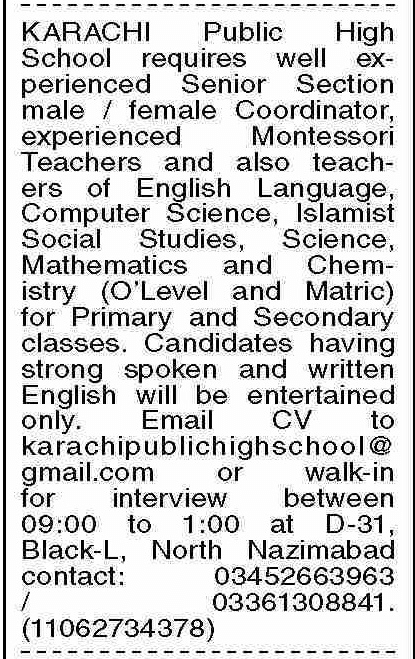 Karachi Public High School Jobs in Sindh