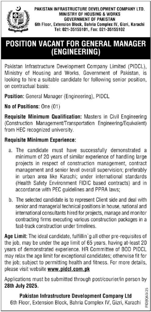 PIDCL Company Karachi Jobs for General Manager Engineering