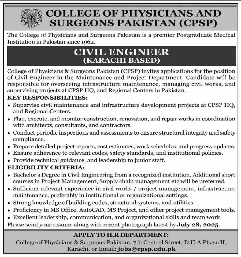 College of Physicians CPSP Jobs For Civil Engineer in Karachi