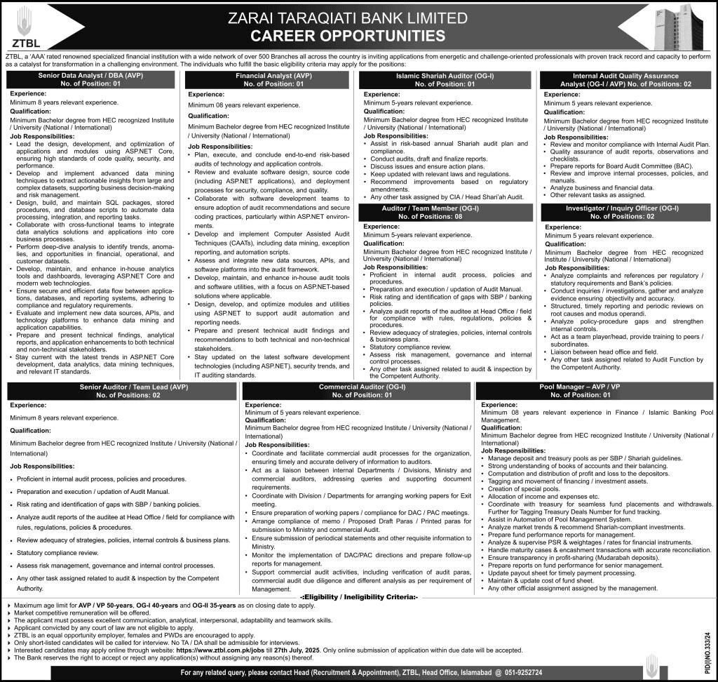 Latest ZTBL Jobs 2025 Jobs in Zarai Taraqiati Bank Limited