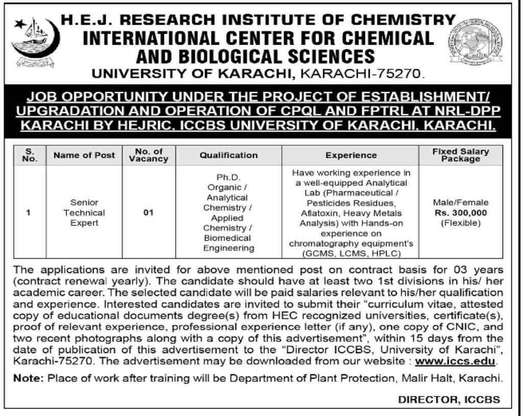 ICCBS University of Karachi Jobs For Senior Technical Expert