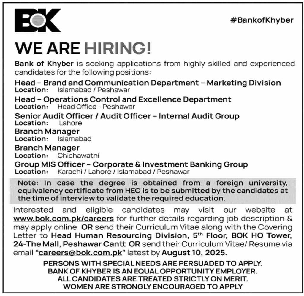 Bank of Khyber (BOK) Jobs 2025
