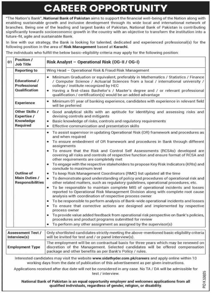 National Bank of Pakistan NBP Jobs For Risk Analysts