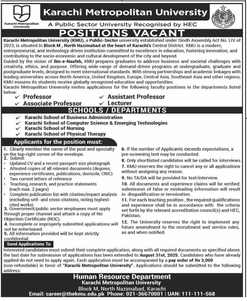 Karachi Metropolitan University Teaching Jobs Notice