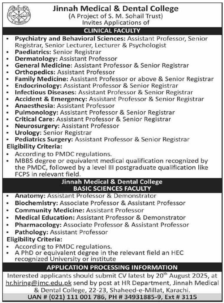 Jinnah Medical and Dental College Karachi Jobs Notice