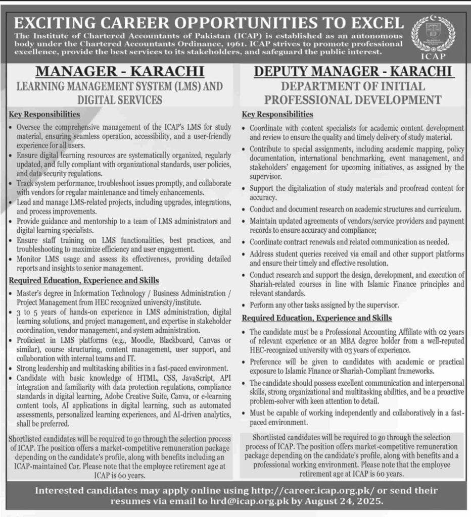 Institute of Chartered Accountants of Pakistan ICAP Jobs