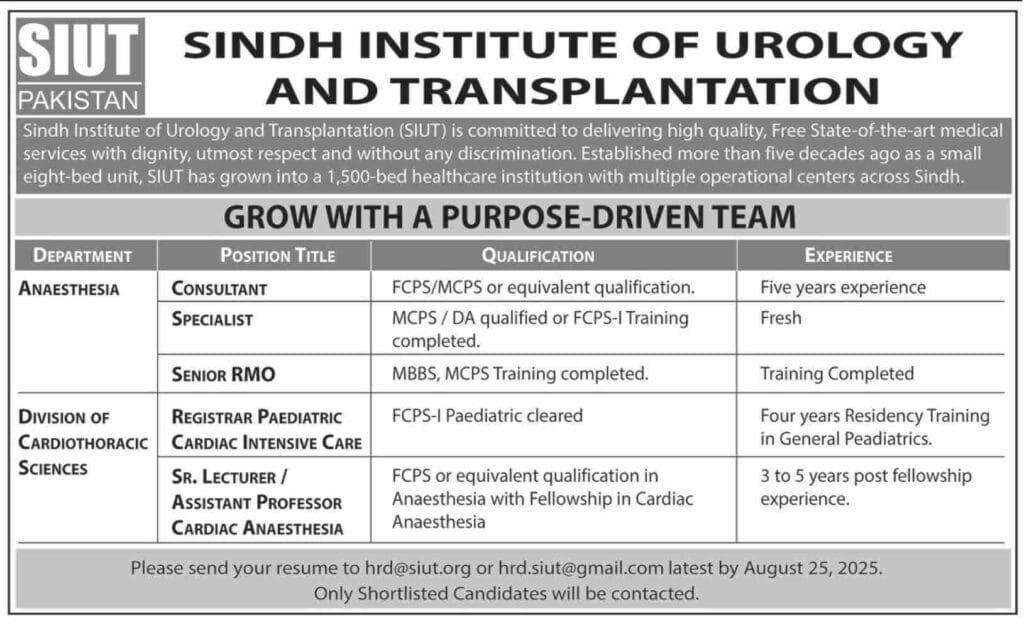 Jobs at SIUT Sindh Institute of Urology and Transplantation