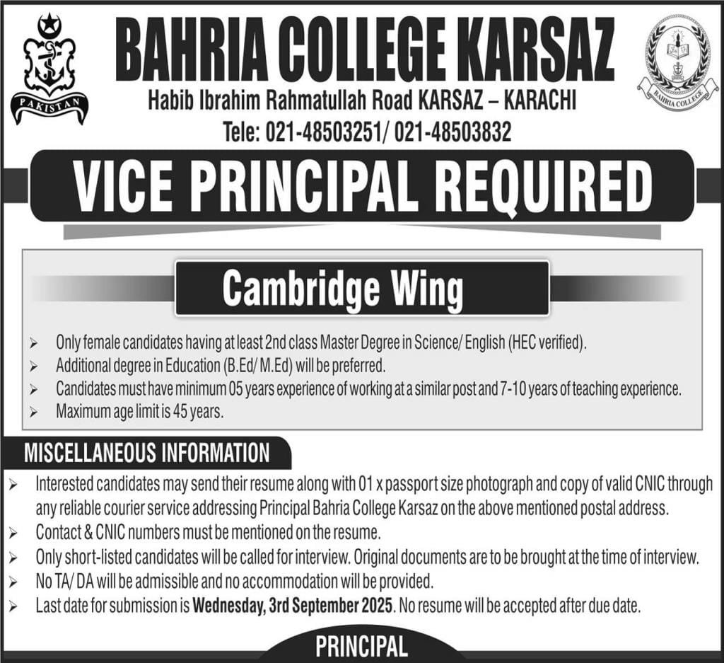 Bahria College Karsaz Jobs For Female Vice Principal Apply Now