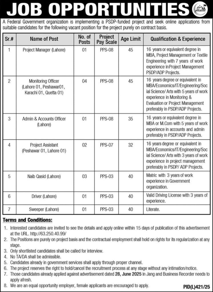 Federal Government Jobs For PSDP Project Contract Based Vacancies