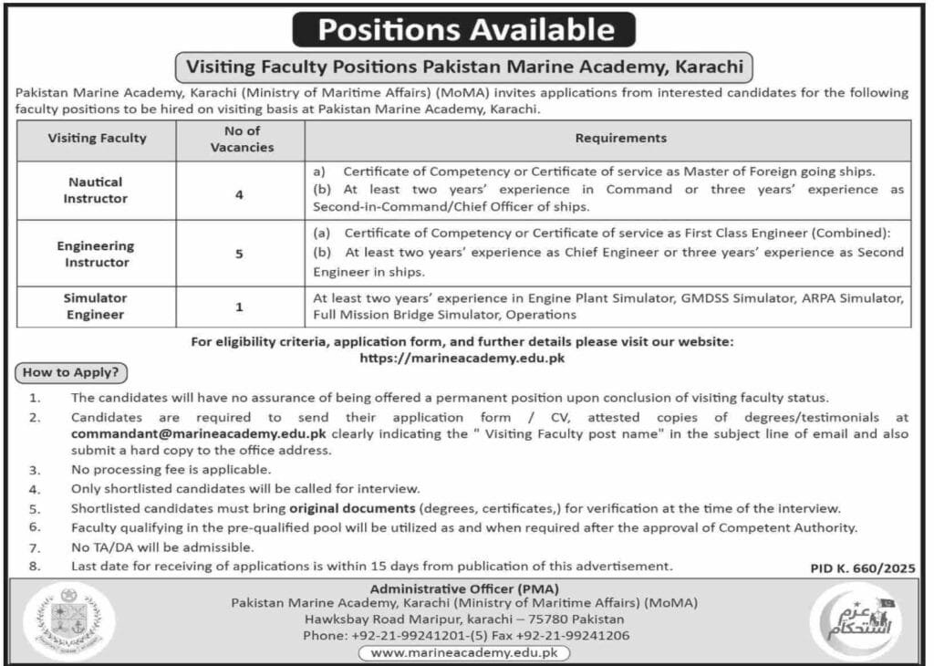 Visiting Faculty Jobs at Pakistan Marine Academy PMA Karachi