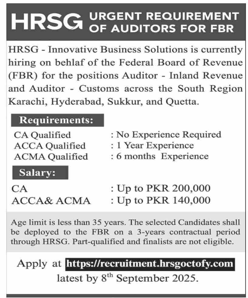 HRSG Urgently Seeks FBR Auditors for Karachi Hyderabad Sukkur