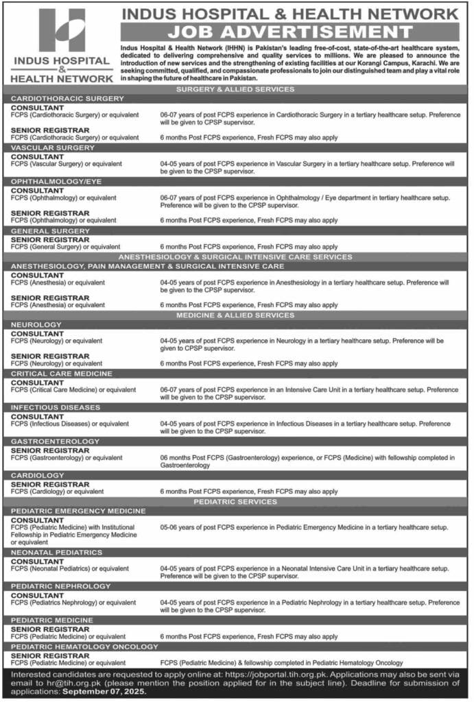 Indus Hospital and Health Network Multiple Jobs Advertisement