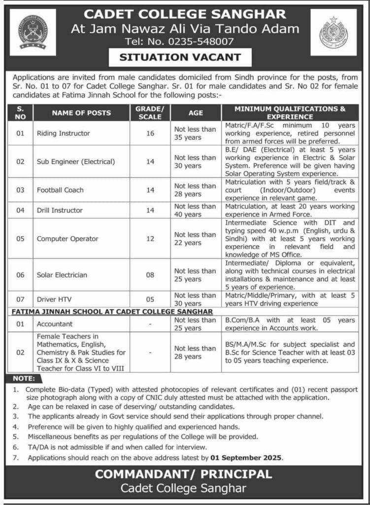 Cadet College Sanghar and Fatima Jinnah School Jobs Available