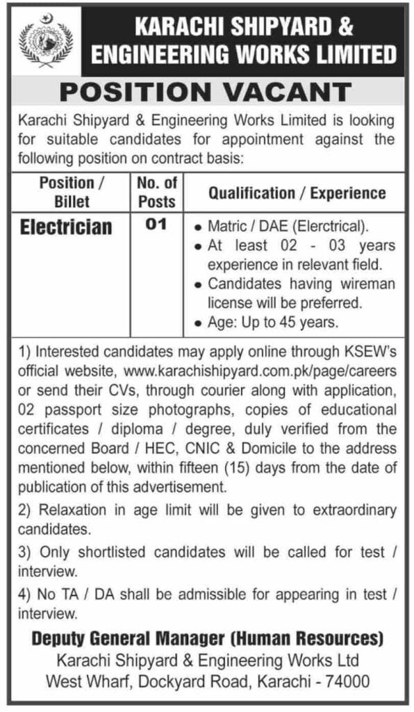 Karachi Shipyard Engineering Works Seeks Experienced Electrician