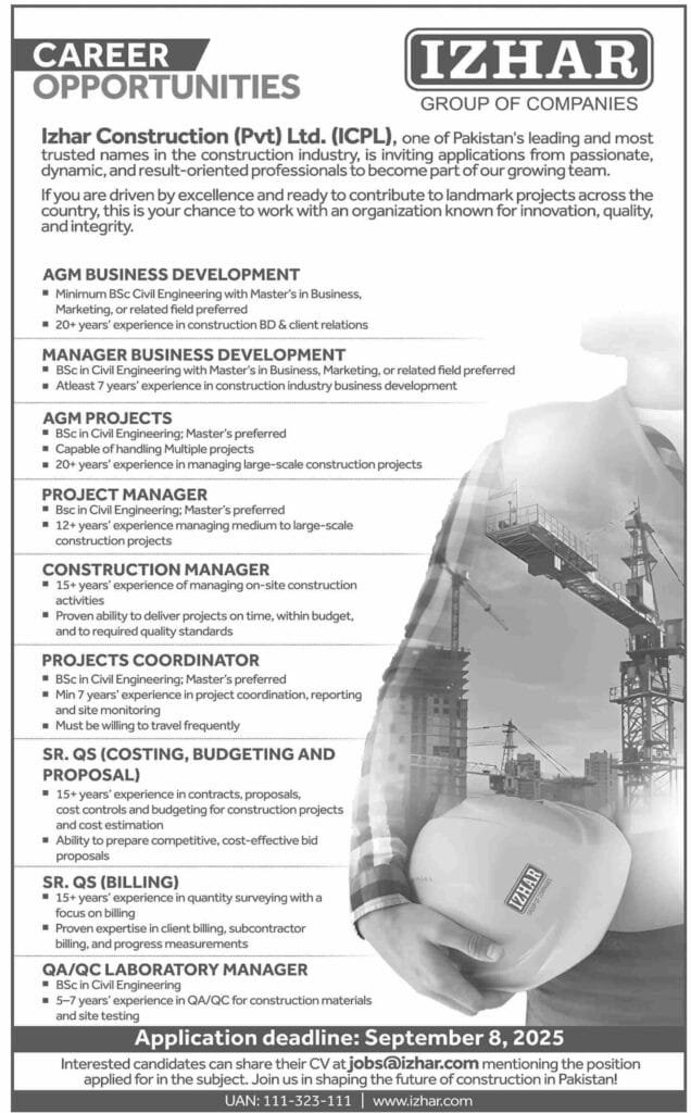 Izhar Construction Pvt Ltd ICPL Company Jobs 2025