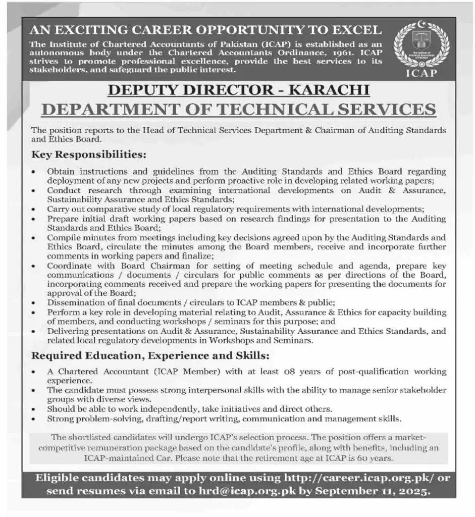 Deputy Director ICAP Jobs in Karachi 1 Institute of Chartered Accountants Job Opportunity in Karachi