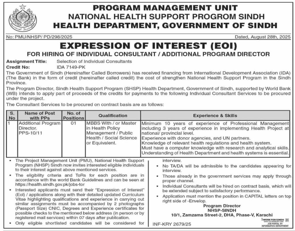 Sindh Government Health Department Jobs : NHSP Jobs