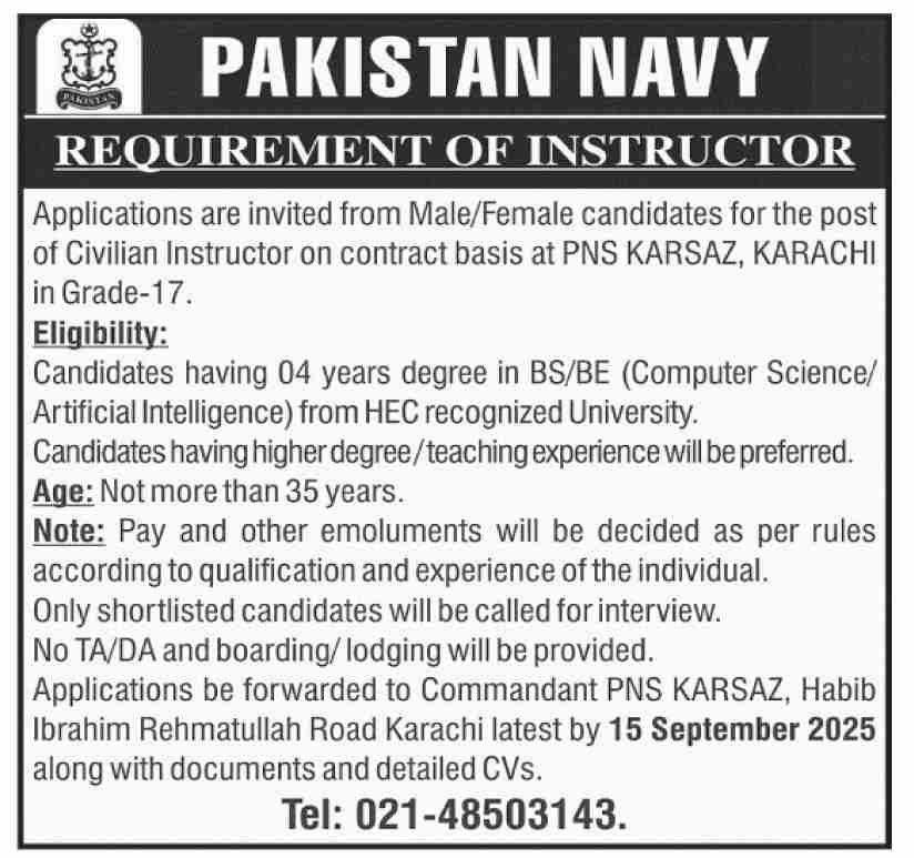 Pakistan Navy Instructor PNS Grade 17 Jobs in Sindh