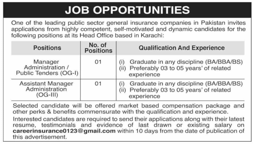 Public Sector Insurance Jobs: Public Sector Jobs Karachi