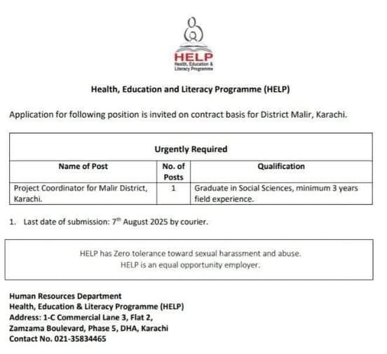 Health Education and Literacy Programme HELP NGO Jobs in Malir Karachi Sindh