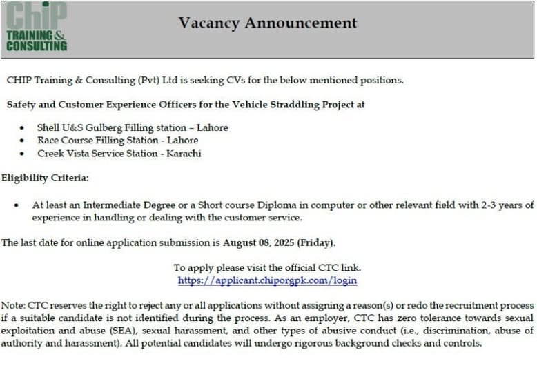CHIP Training And Consulting CTC Jobs in Pakistan