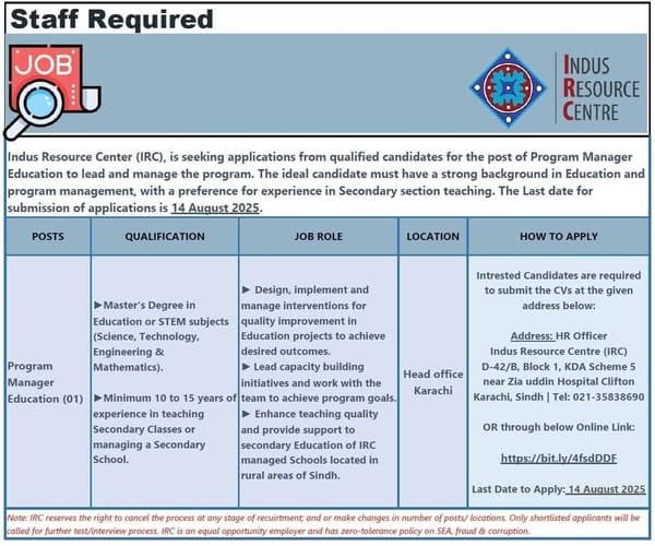 Indus Resource Centre (IRC) Jobs 2025