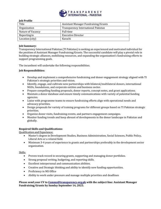 Transparency International Pakistan NGO Karachi Jobs
