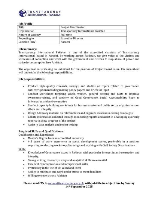 NGO Transparency International Pakistan Jobs