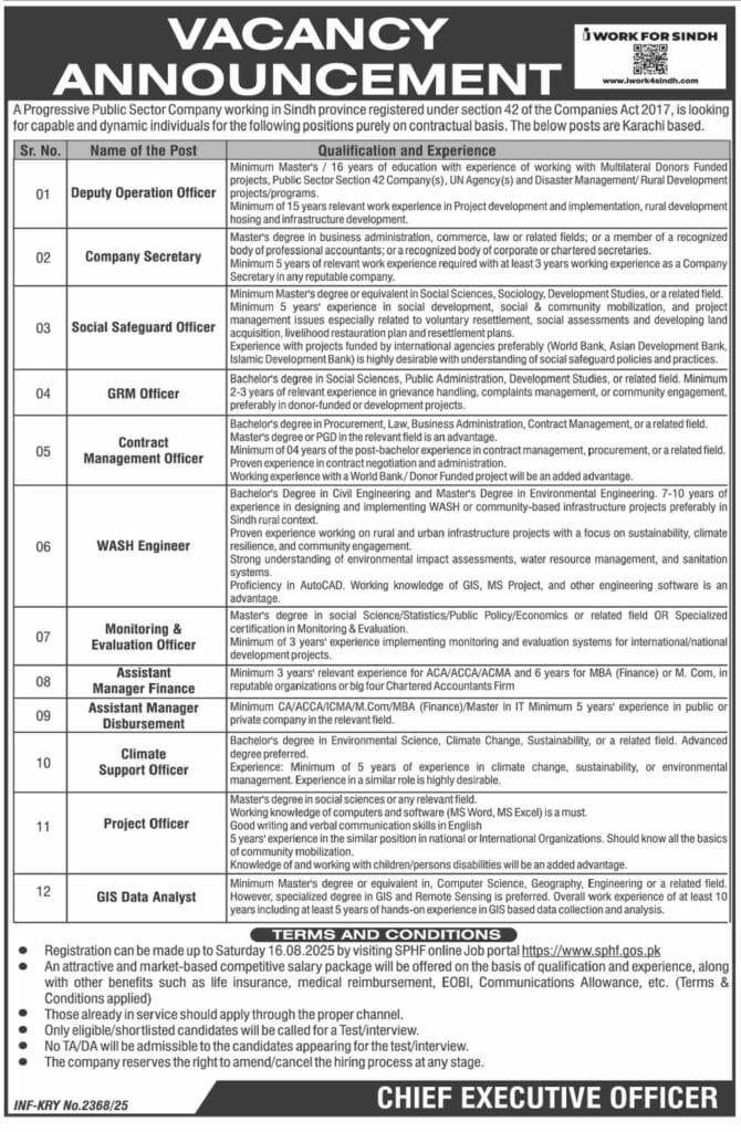 Sindh People's Housing for Flood Affectees SPHF Jobs in Sindh