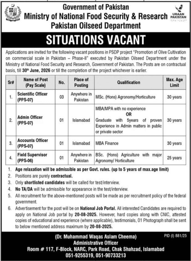 Pakistan Oilseed Department Jobs