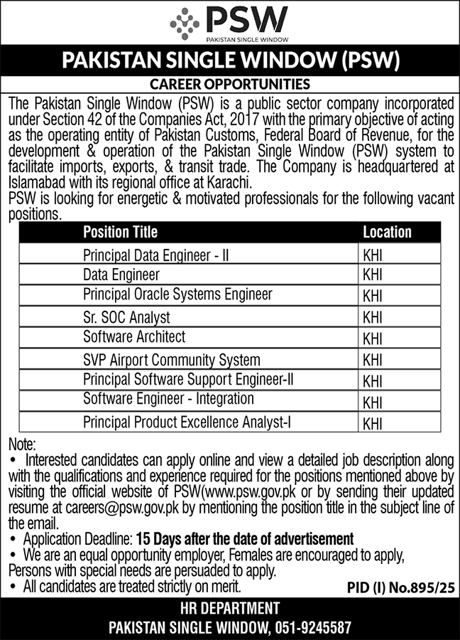 Pakistan Single Window (PSW) Jobs For Principal Data Engineer Software Architect SOC Analyst