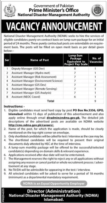 National Disaster Management Authority NDMA Jobs 2025