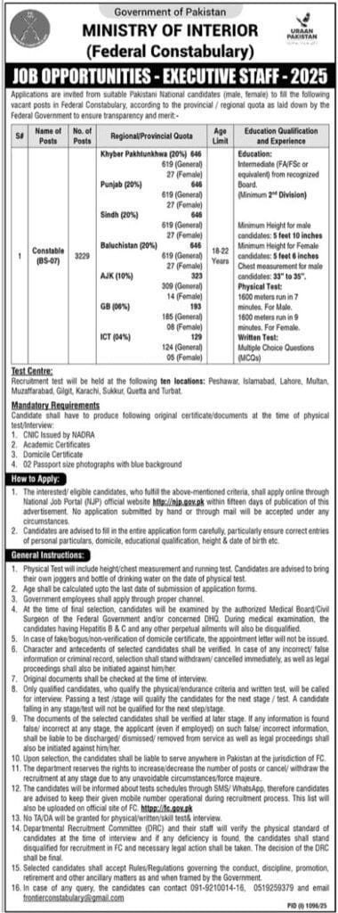Ministry of Interior Jobs for Constable (BS-07)