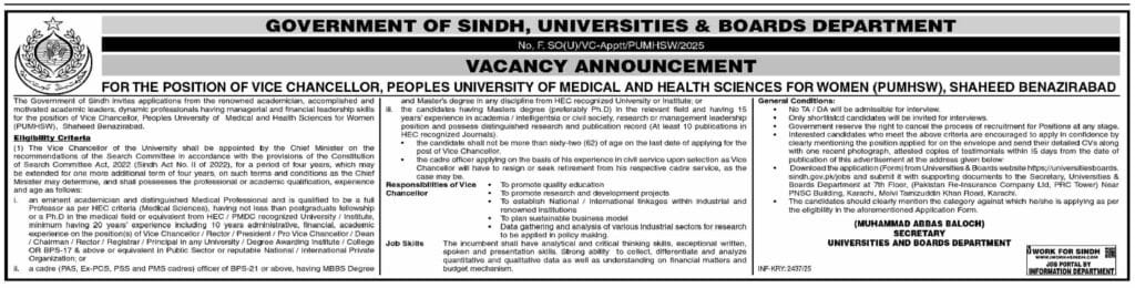 Peoples University of Medical and Health Sciences for Women PUMHSW Jobs