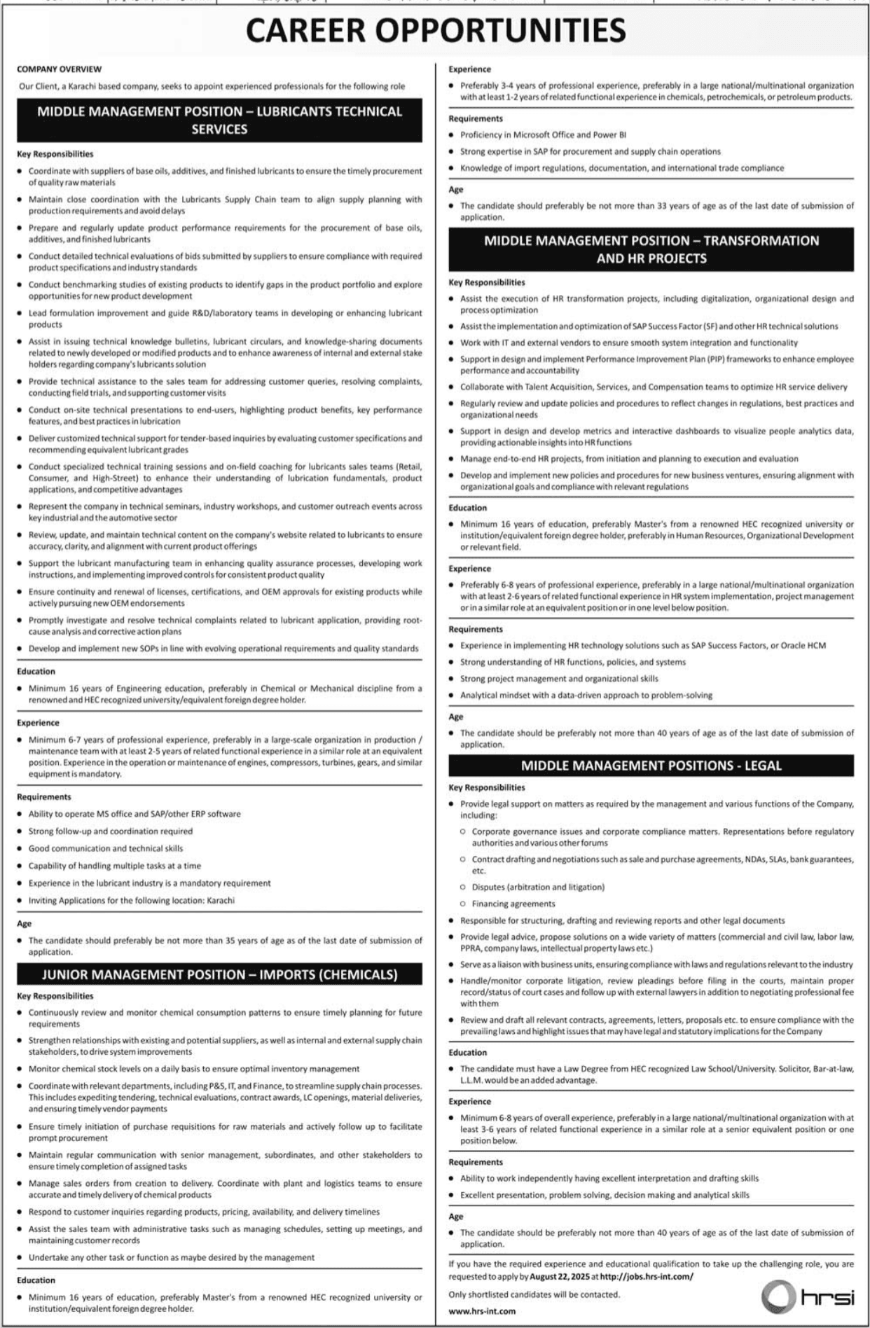 Karachi Based Company Jobs for Management Positions