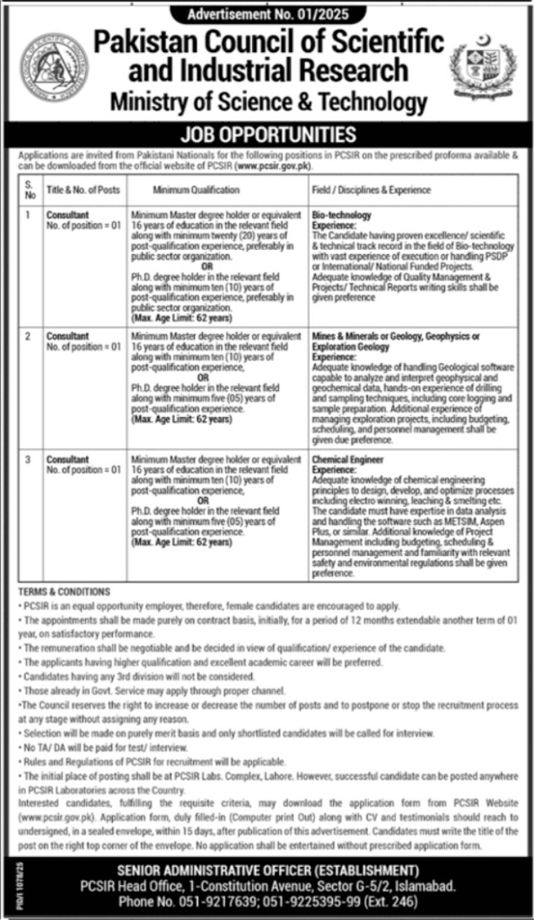 Pakistan Council of Scientific and Industrial Research PCSIR Jobs