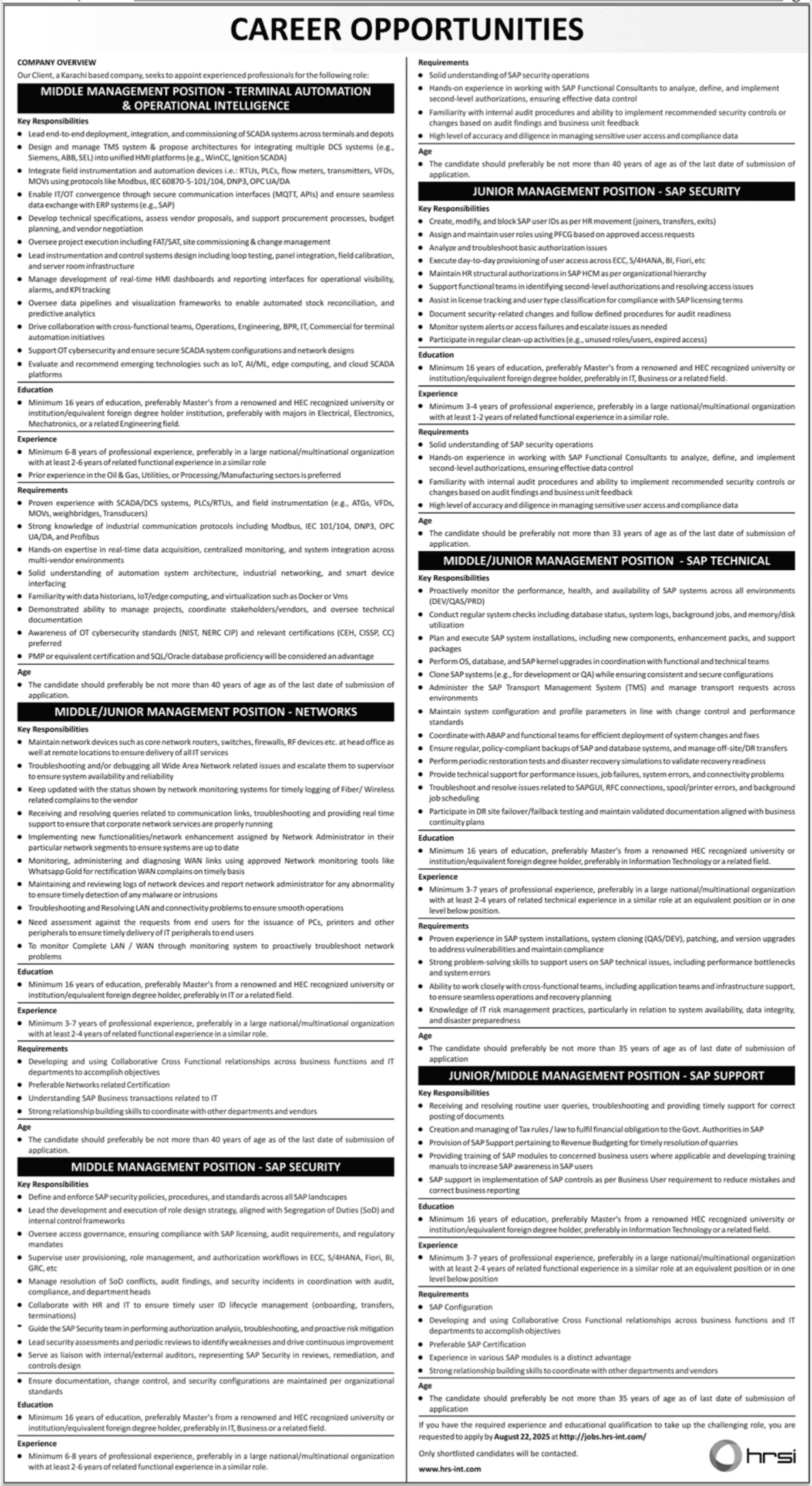 Karachi Based Company Jobs for Technical Management Roles