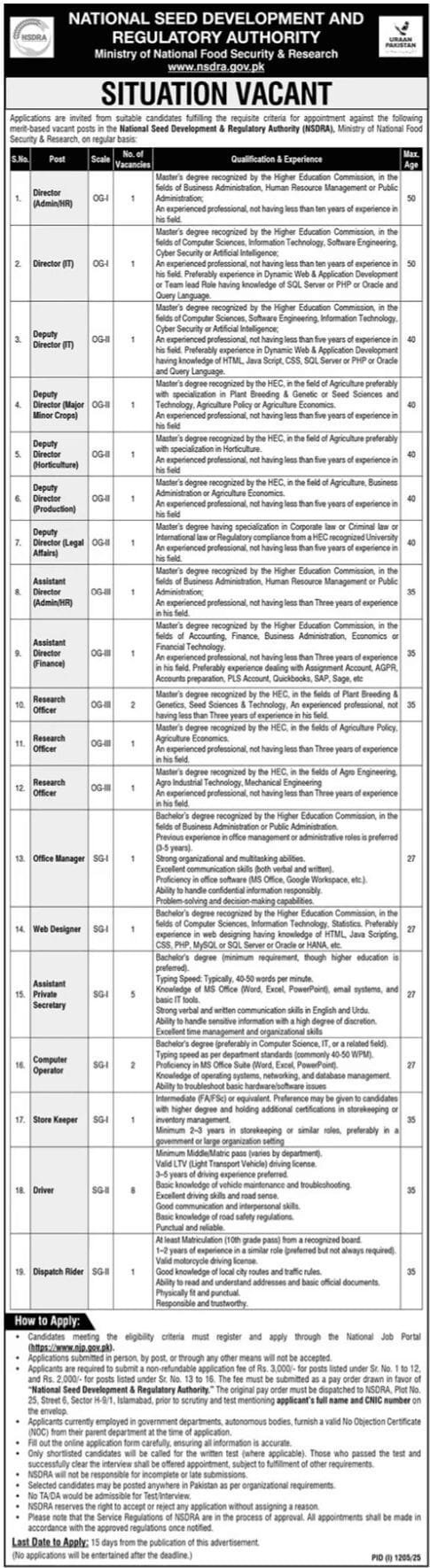 National Seed Development & Regulatory Authority Jobs 1 National Seed Development & Regulatory Authority Jobs