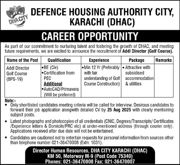 DHA City Karachi (DHAC) Jobs
