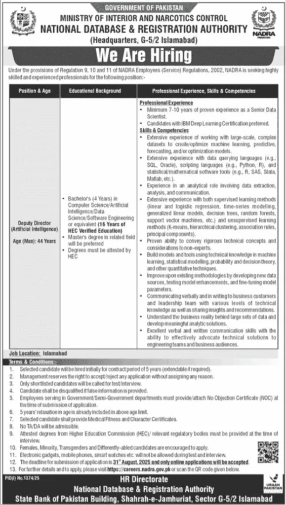 NADRA Pakistan Jobs For Deputy Director AI